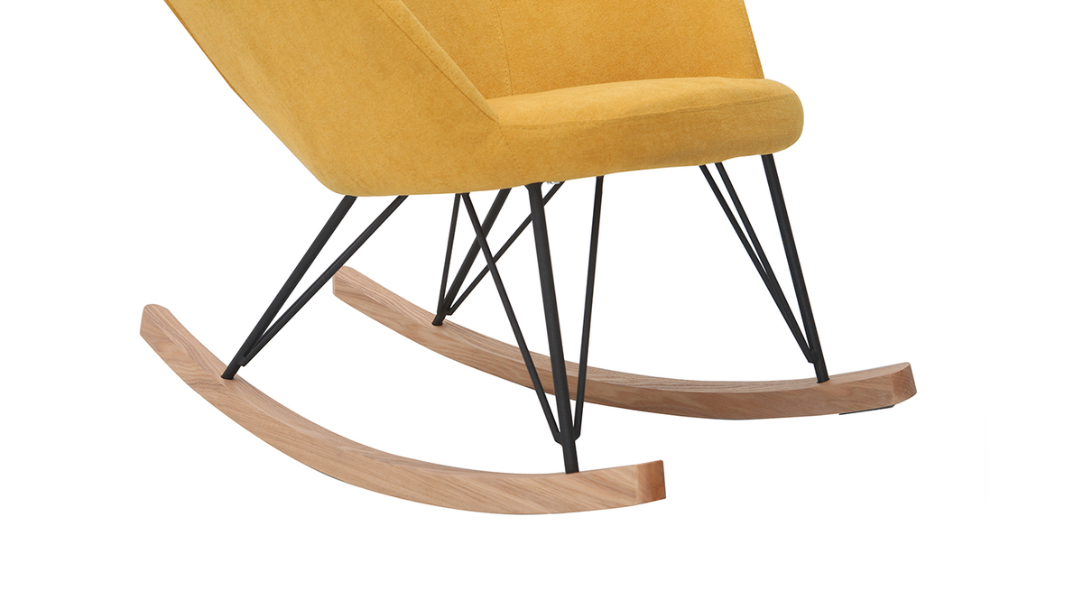 Poltrona - sedia a dondolo in tessuto giallo e piedi in metallo e legno JHENE