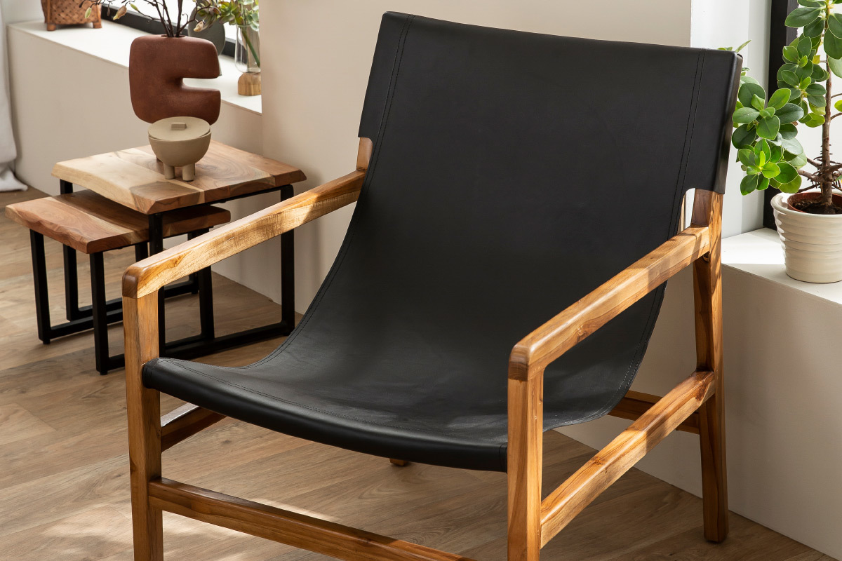 Poltrona teak e pelle nero CHILLY