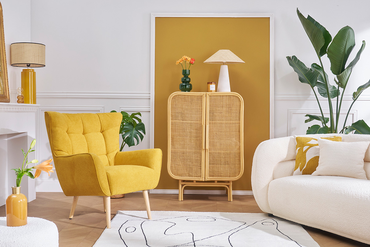 Poltrona tessuto effetto velluto giallo senape gambe in legno AVERY