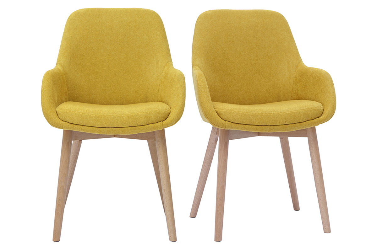 Poltrone scandinave in tessuto effetto velluto giallo senape e legno chiaro massello (lotto di 2) HOLO