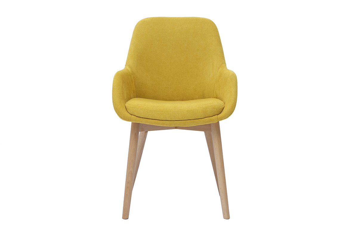 Poltrone scandinave in tessuto effetto velluto giallo senape e legno chiaro massello (lotto di 2) HOLO