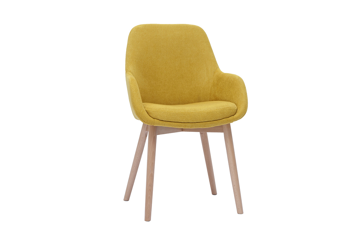 Poltrone scandinave in tessuto effetto velluto giallo senape e legno chiaro massello (lotto di 2) HOLO