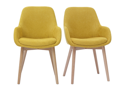 Poltrone scandinave in tessuto effetto velluto giallo senape e legno chiaro massello (lotto di 2) HOLO