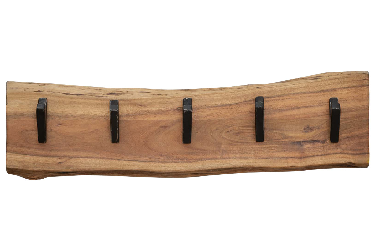 Porta abiti murale 5 ganci in legno massello e metallo nero OBEL