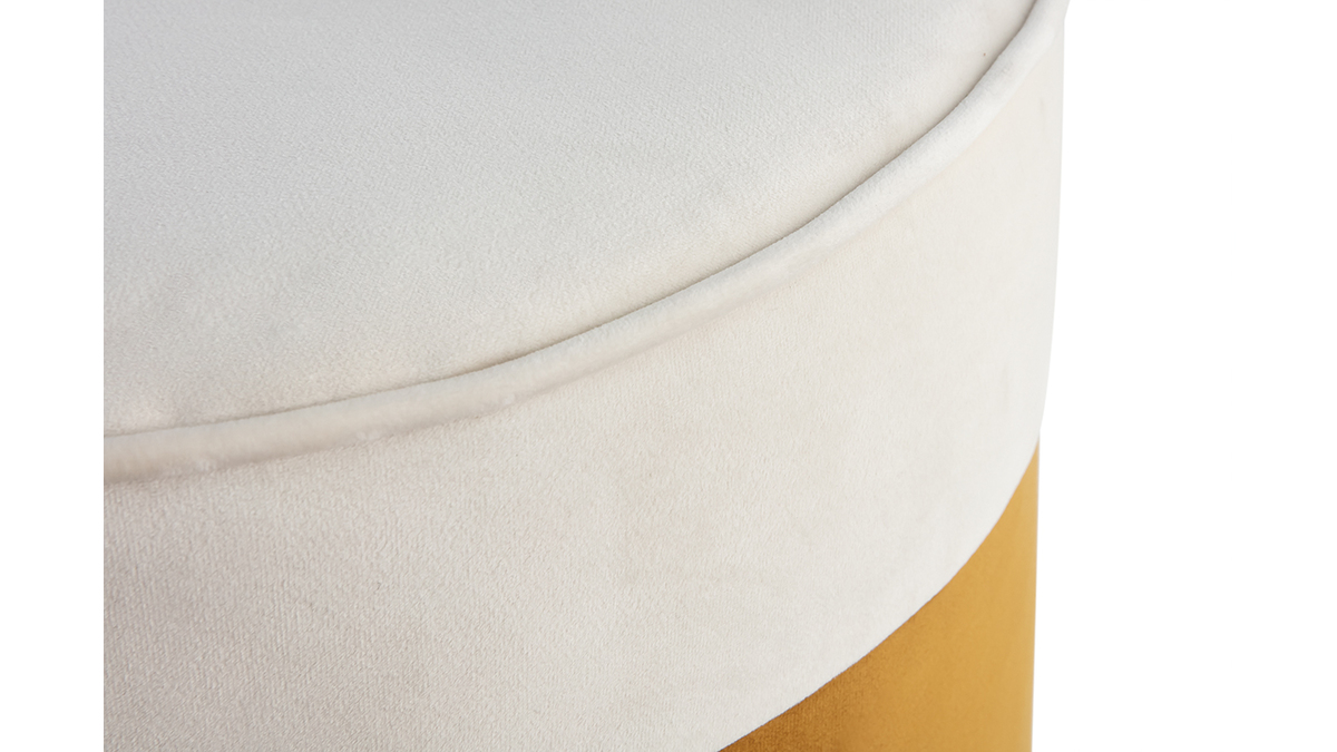 Pouf design bicolore in velluto bianco crema e giallo cumino D40 cm DAISY