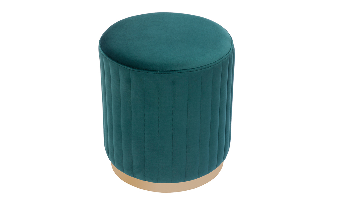 Pouf in velluto blu anatra e metallo dorato D40 cm DONA