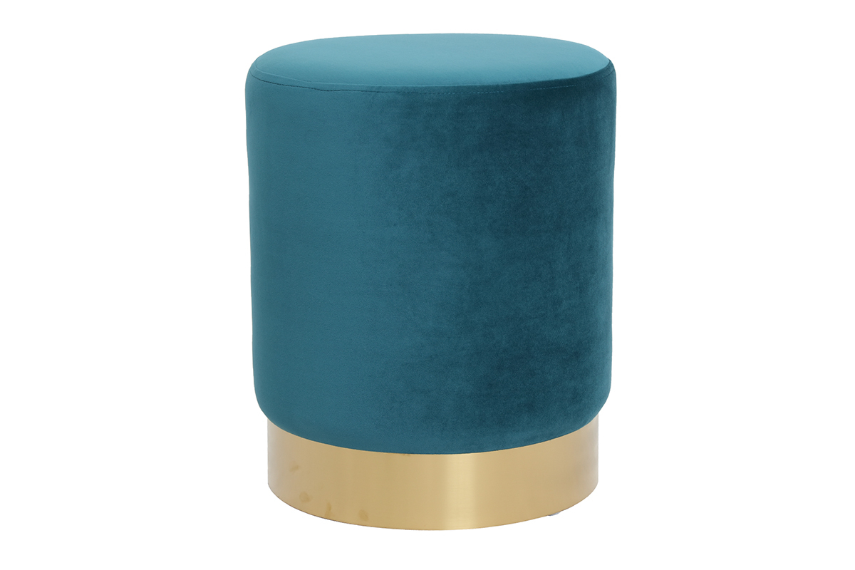 Pouf / poggiapidi rotondo in velluto blu anatra e metallo dorato AMAYA