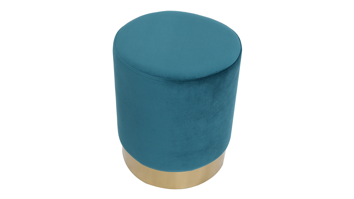 Pouf / poggiapidi rotondo in velluto blu anatra e metallo dorato AMAYA