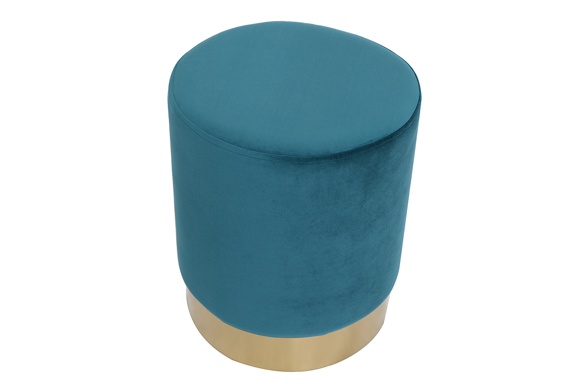 Pouf / poggiapidi rotondo in velluto blu anatra e metallo dorato AMAYA
