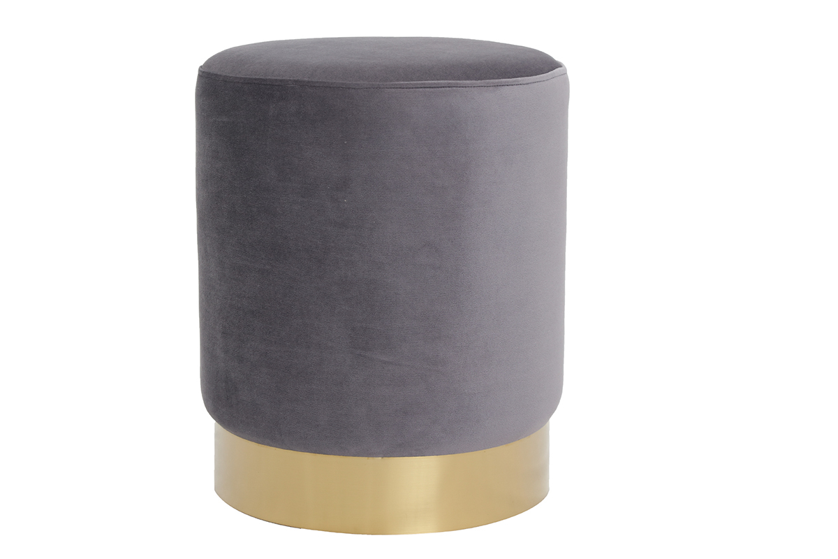 Pouf / poggiapidi rotondo in velluto grigio e metallo dorato AMAYA