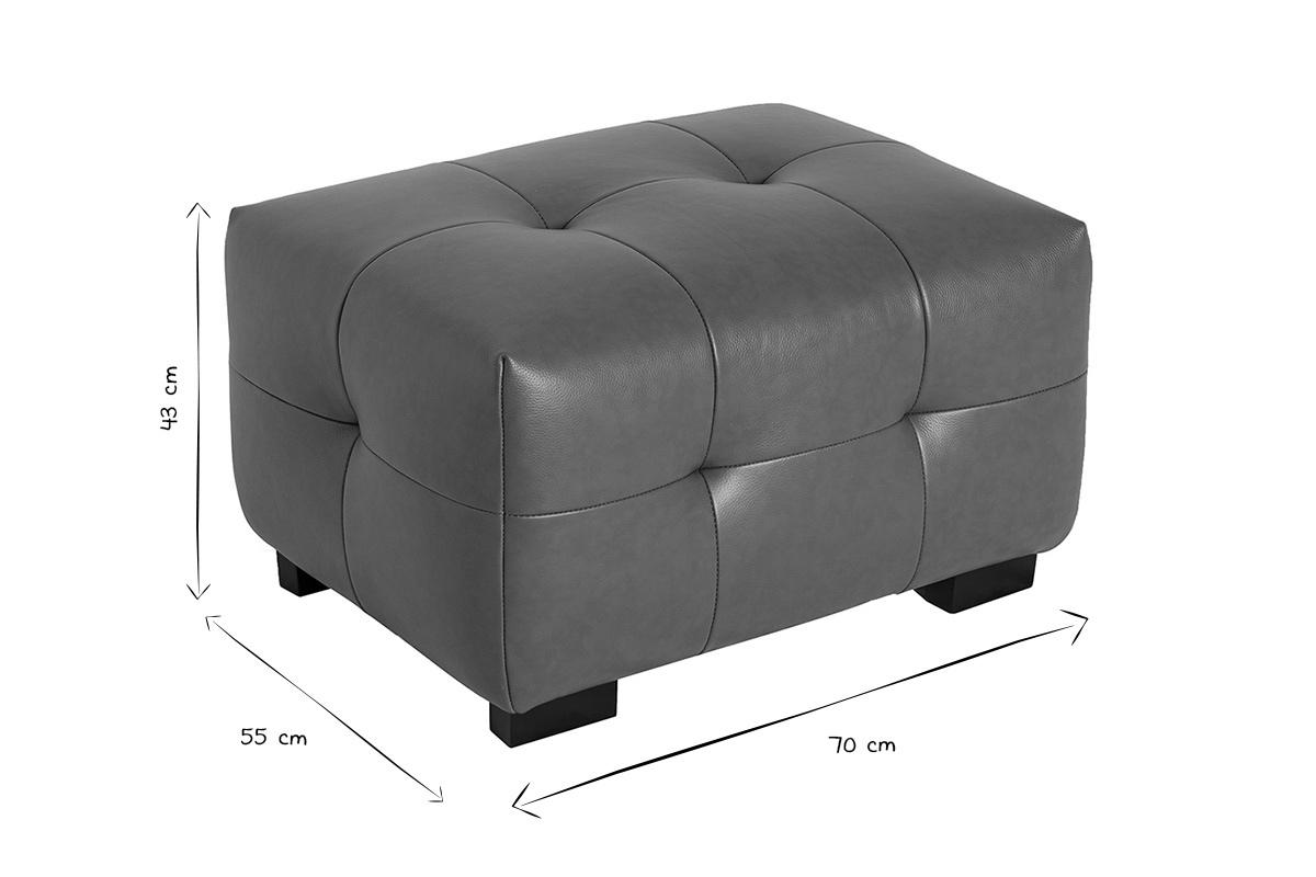 Dimensioni del pouf CORTO in pelle, 70x55x43 cm, in nero e bianco, vista dall'alto.