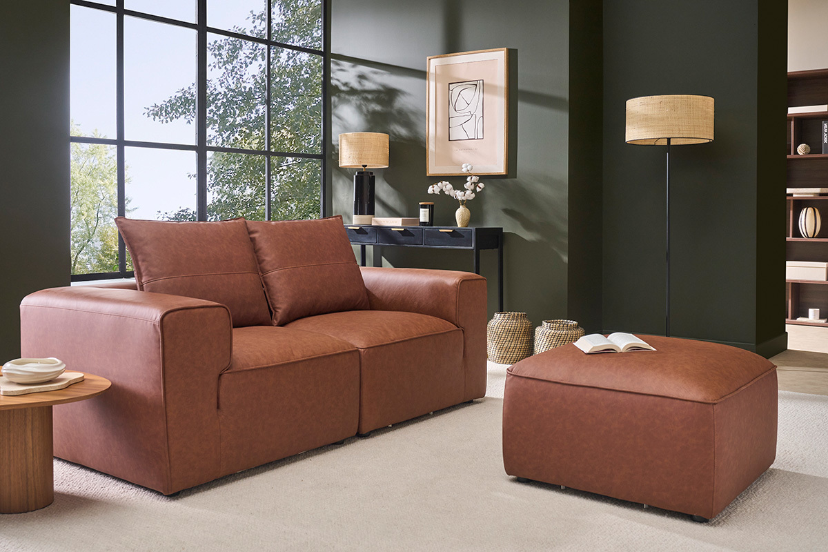 Pouf poggiapiedi in pelle marrone FERGUS