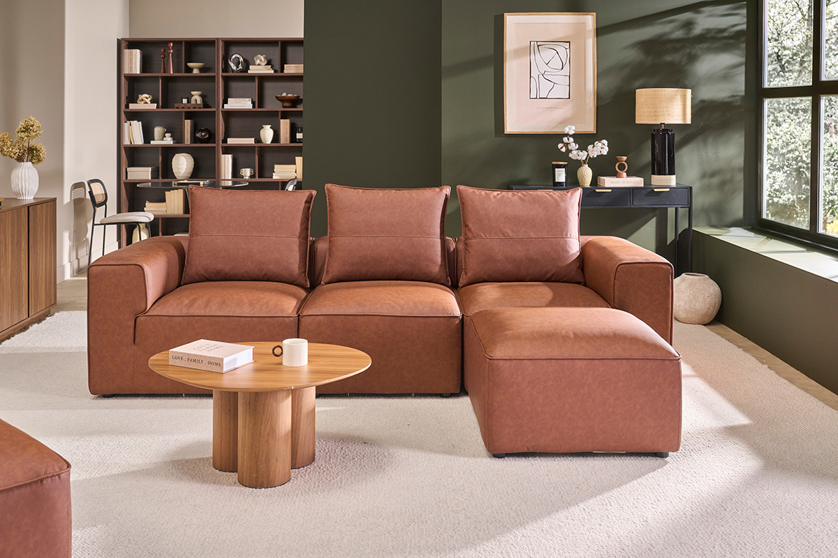 Pouf poggiapiedi in pelle marrone FERGUS