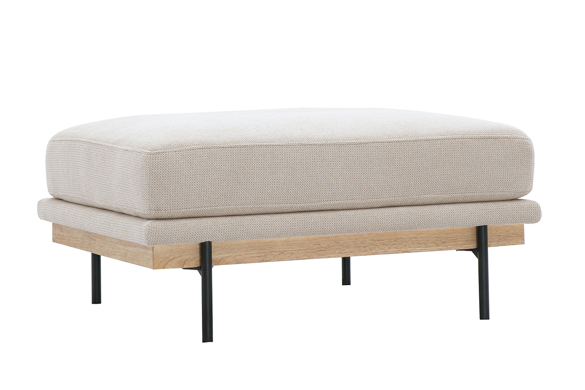 Pouf poggiapiedi beige in tessuto chenille e metallo nero, vista da 3/4.
