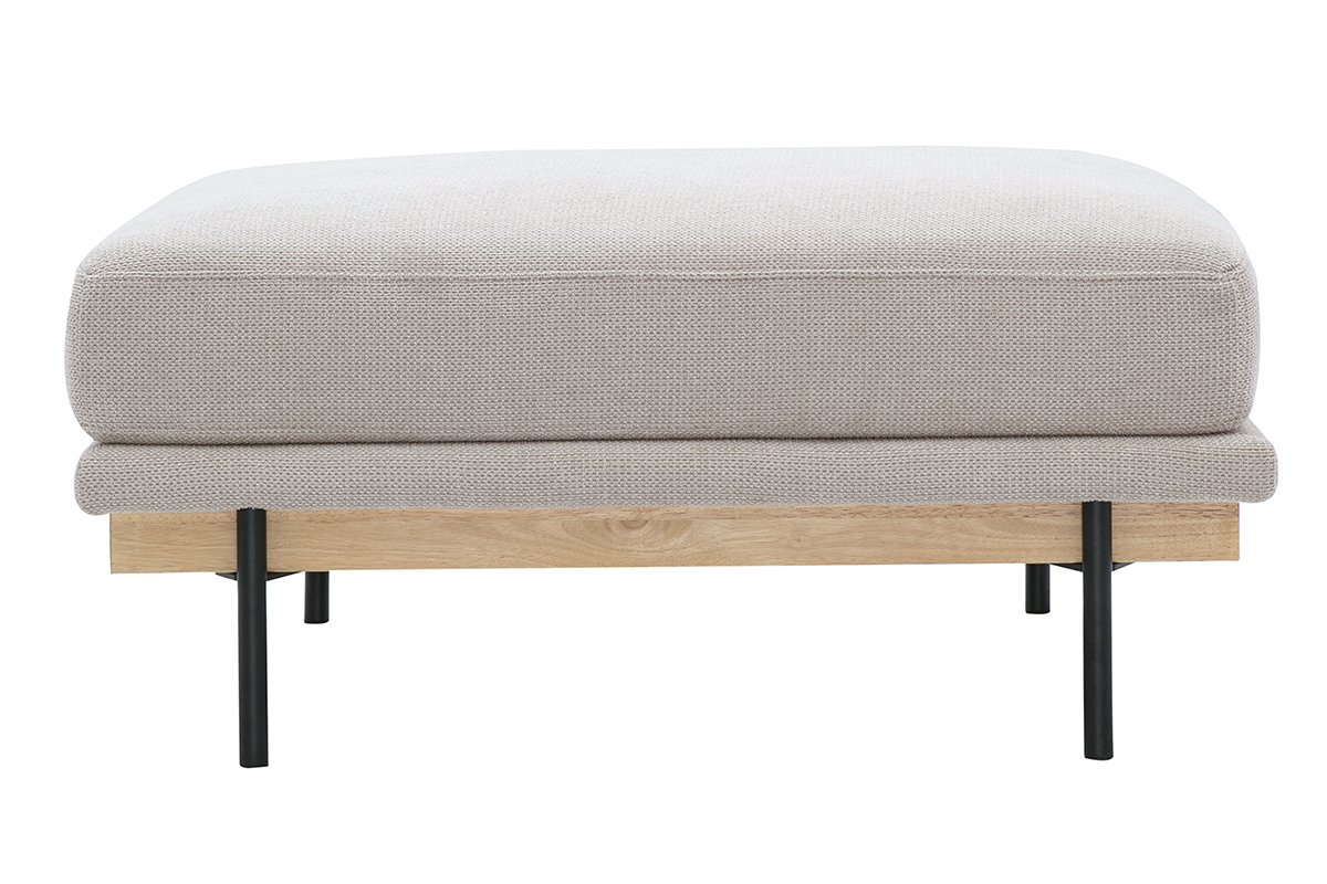 Pouf poggiapiedi in tessuto ciniglia beige, vista frontale, piedi in metallo nero e legno.