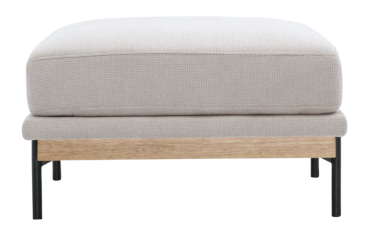 Pouf poggiapiedi in tessuto ciniglia beige e metallo nero, vista laterale.