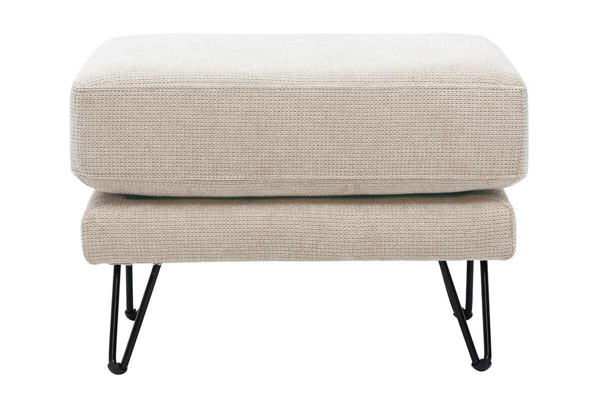 Pouf OSLO in tessuto ciniglia beige con gambe in metallo nero, vista frontale.