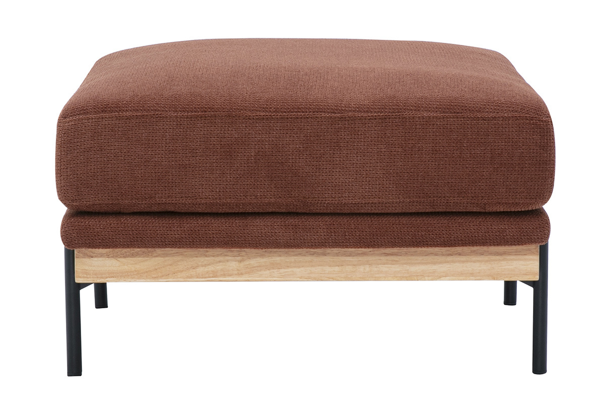 Pouf poggiapiedi TODD in tessuto chenille terra bruciata con piedini in metallo nero, vista di profilo.