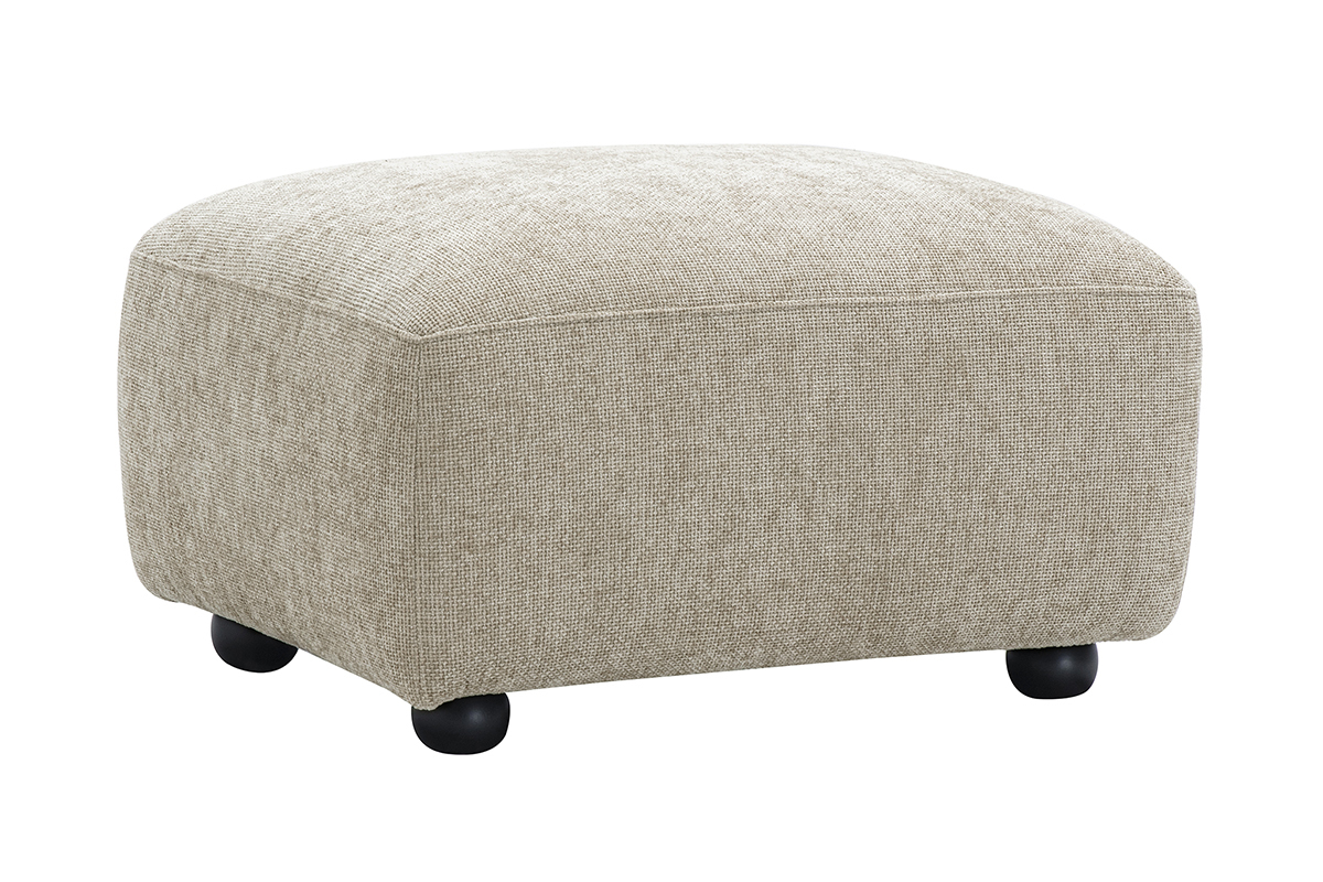 Pouf rettangolare in tessuto effetto velluto testurizzato beige, vista laterale.