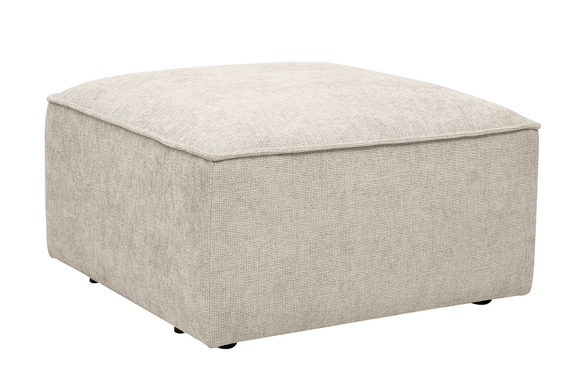Pouf quadrato beige in tessuto effetto velluto testurizzato, vista a 3/4