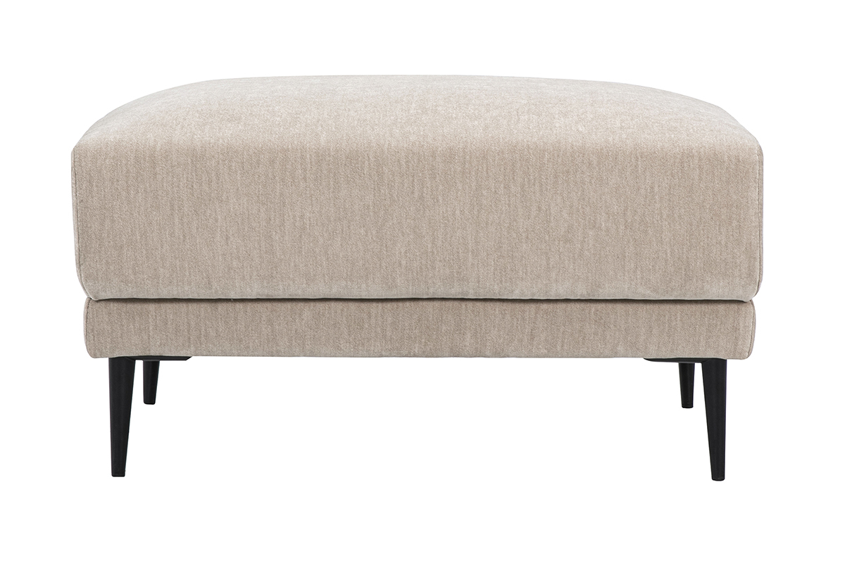 Pouf poggiapiedi rettangolare in tessuto effetto velluto taupe con piedi in metallo nero, vista frontale.