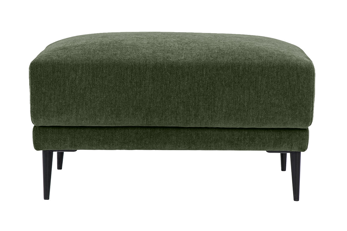 Pouf poggiapiedi rettangolare in tessuto verde kaki con piedi in metallo nero, vista frontale