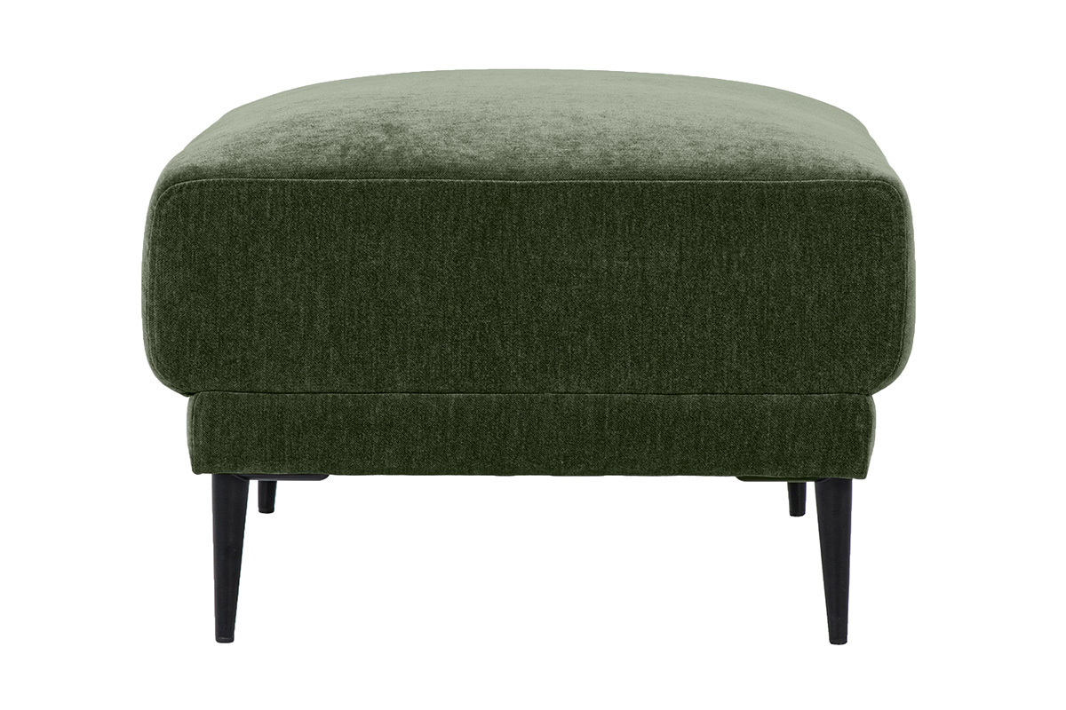 Pouf poggiapiedi in tessuto effetto velluto verde kaki, vista di profilo con piedini in metallo nero.