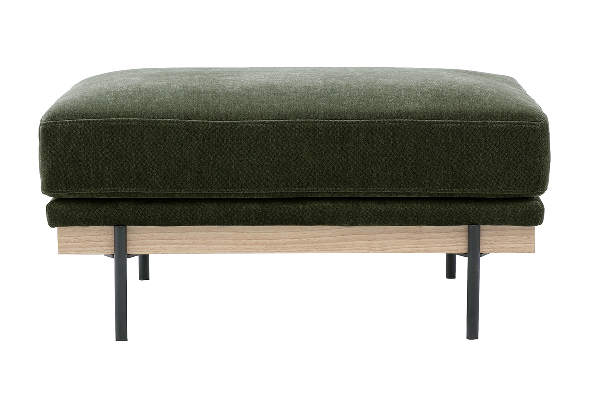 Vista frontale del pouf poggiapiedi TODD in tessuto effetto velluto verde kaki con piedi in metallo nero.