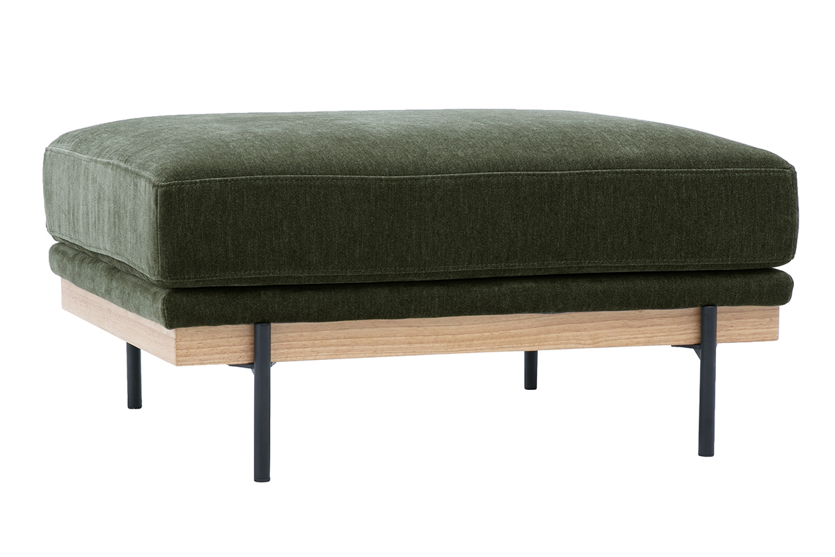 Pouf poggiapiedi verde kaki in tessuto effetto velluto con struttura in legno e metallo, vista a 3/4