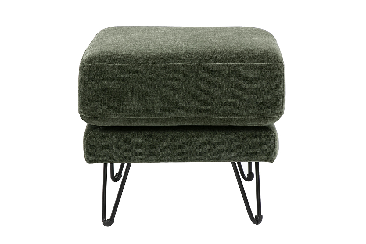 Pouf poggiapiedi in tessuto velluto verde kaki con piedini metallici, vista di profilo