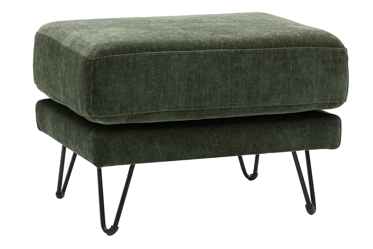 Pouf poggiapiedi in tessuto velluto verde kaki con gambe in metallo, visto in 3/4.