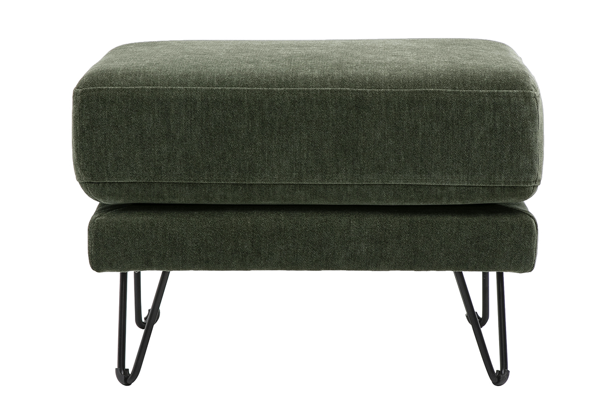 Pouf poggiapiedi in tessuto effetto velluto verde kaki con piedini in metallo, vista frontale