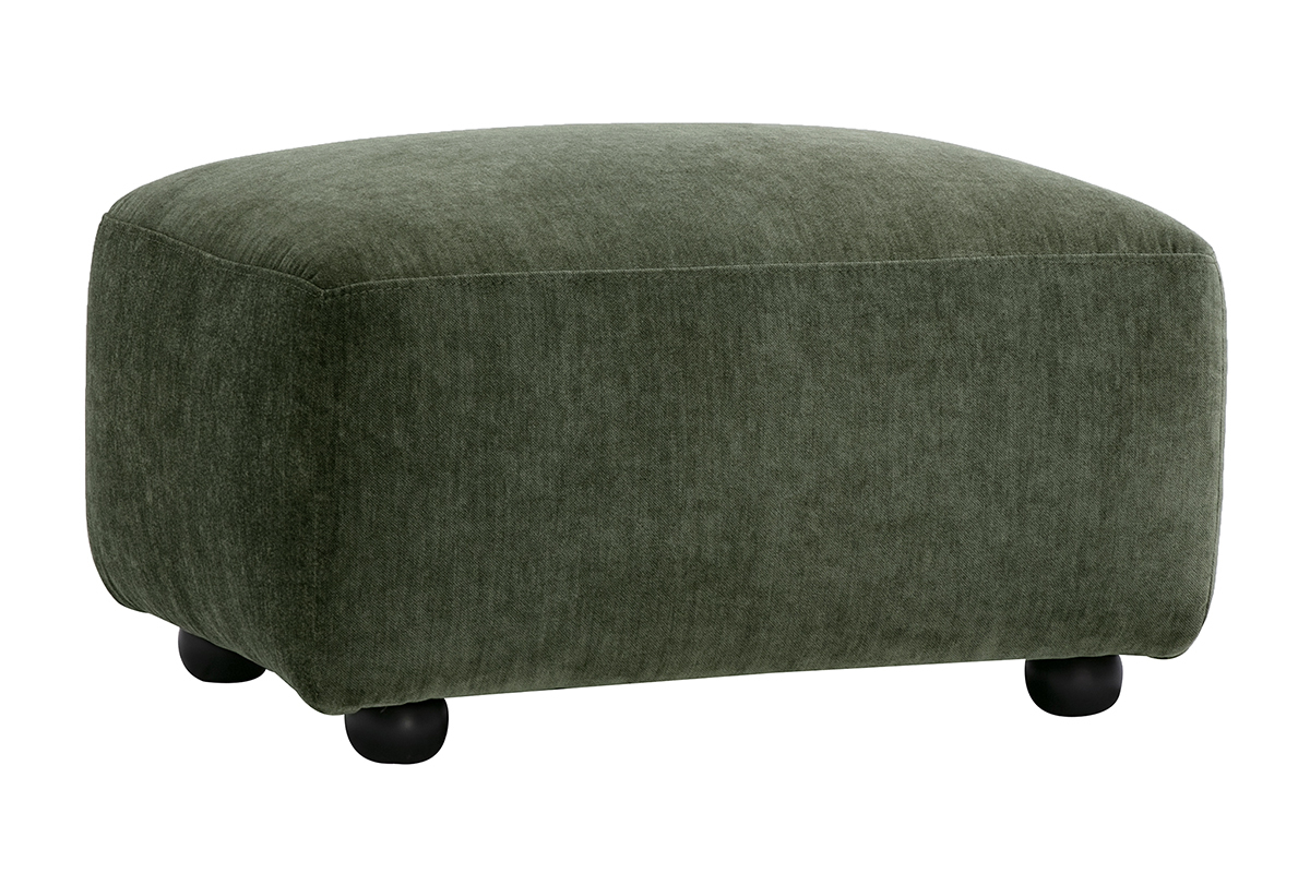 Pouf poggiapiedi in tessuto effetto velluto verde kaki JOYA, visto a 3/4