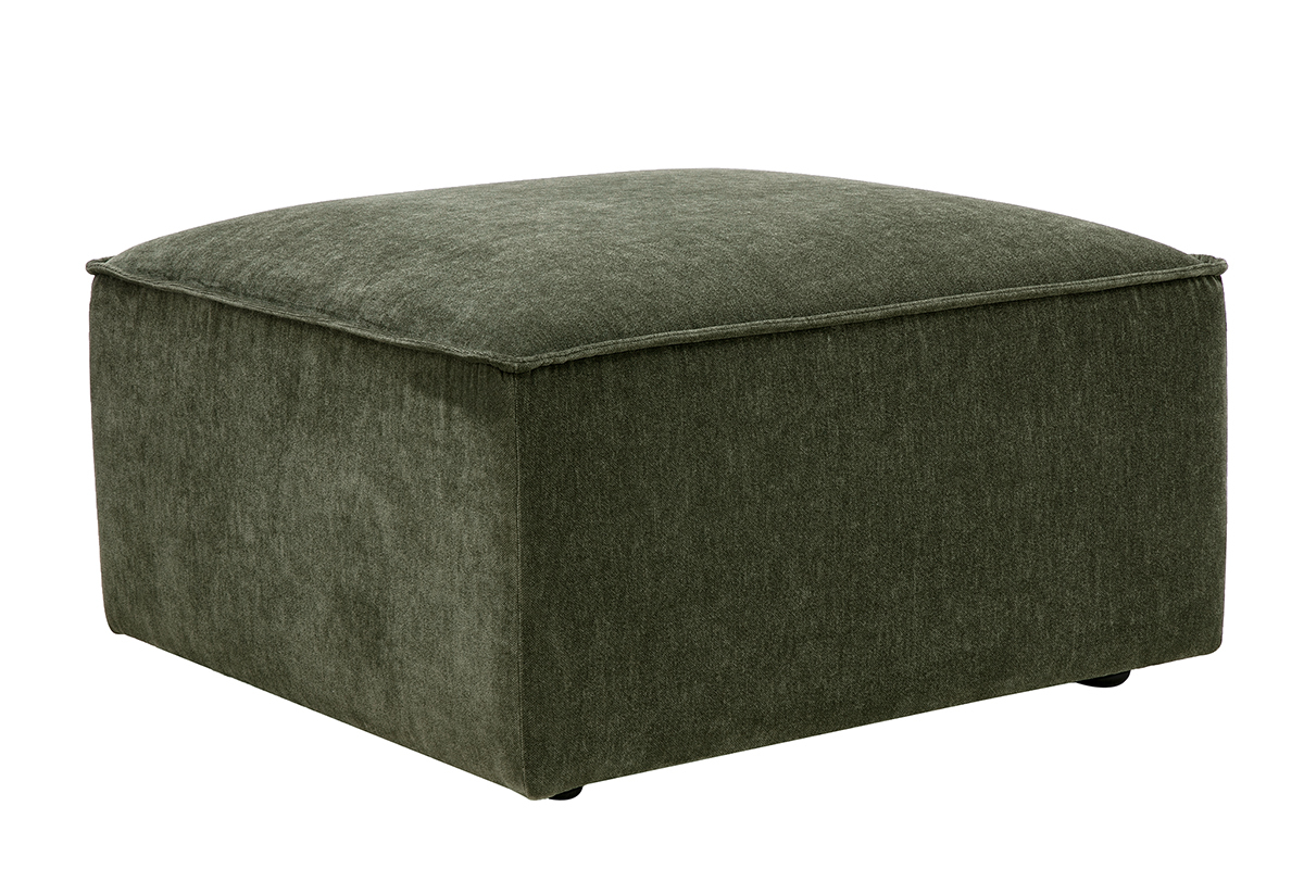 Pouf quadrato in tessuto effetto velluto verde kaki, vista a 3/4.