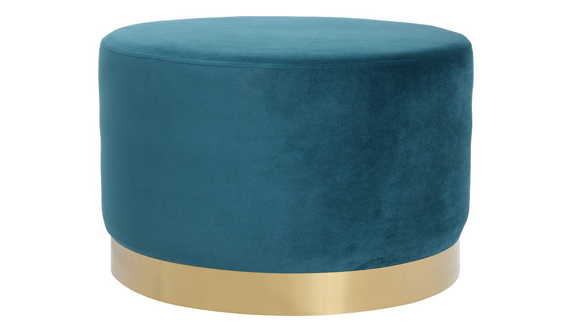 Pouf / poggiapiedi rotondo in velluto blu anatra e metallo dorato 54 cm AMAYA