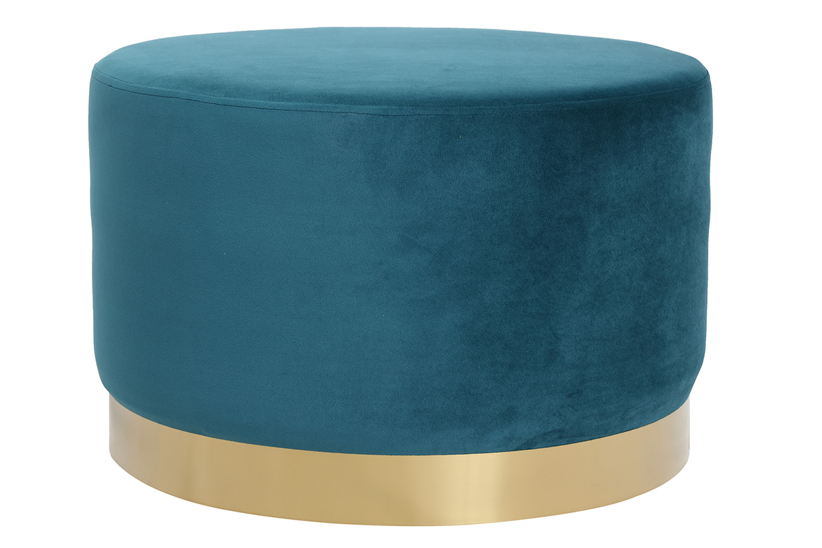 Pouf / poggiapiedi rotondo in velluto blu anatra e metallo dorato 54 cm AMAYA
