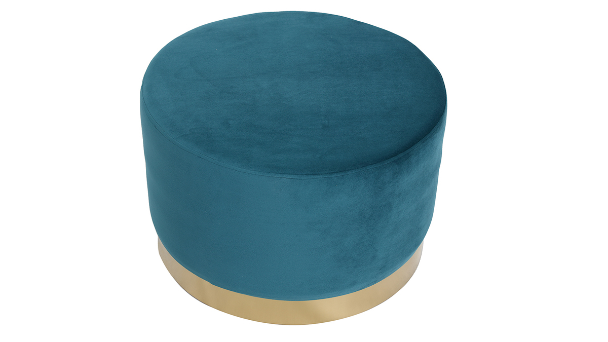 Pouf / poggiapiedi rotondo in velluto blu anatra e metallo dorato 54 cm AMAYA