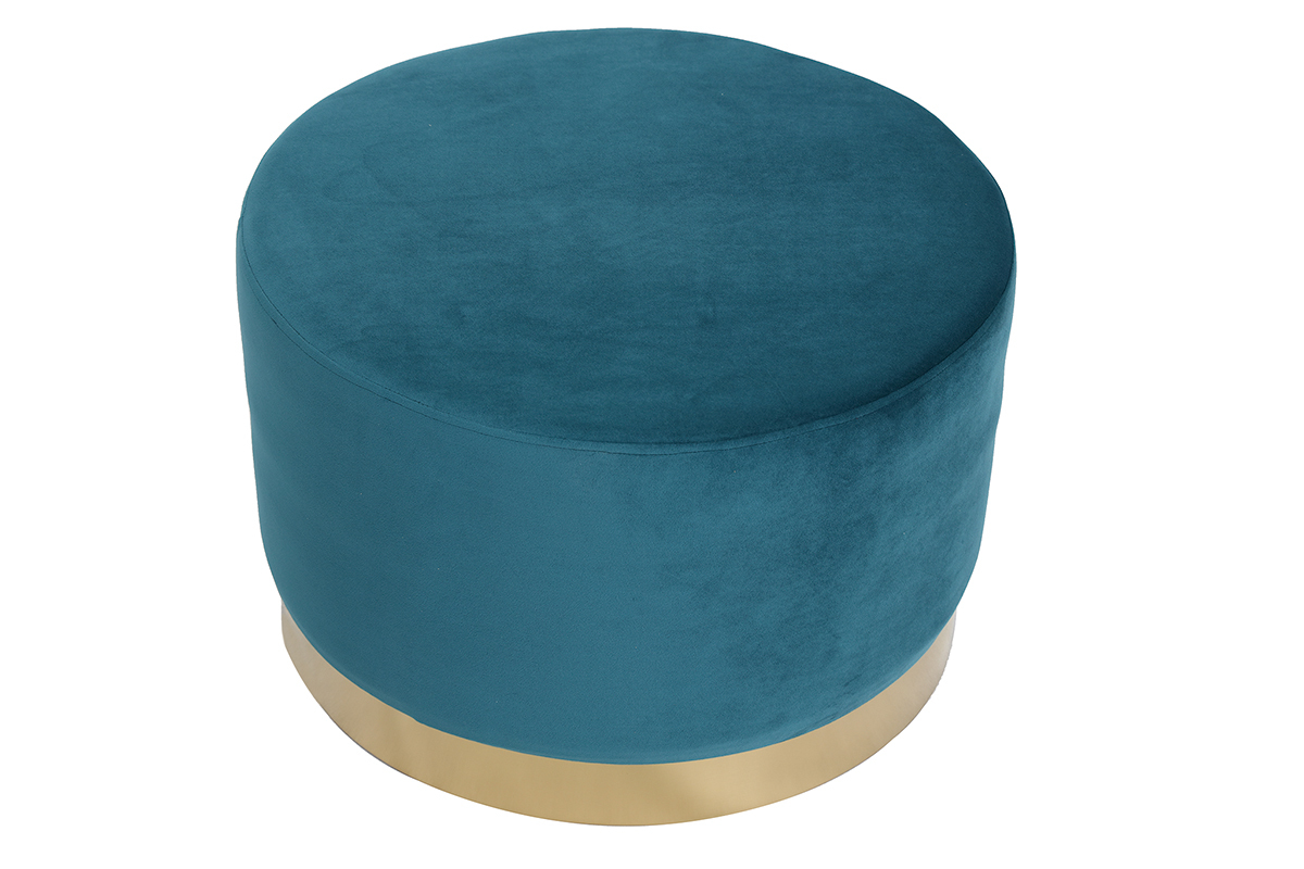 Pouf / poggiapiedi rotondo in velluto blu anatra e metallo dorato 54 cm AMAYA
