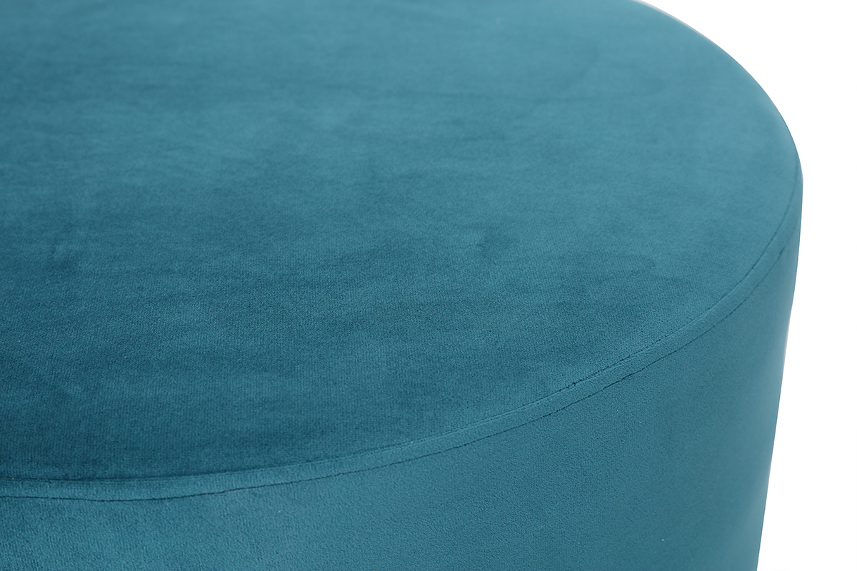 Pouf / poggiapiedi rotondo in velluto blu anatra e metallo dorato 54 cm AMAYA