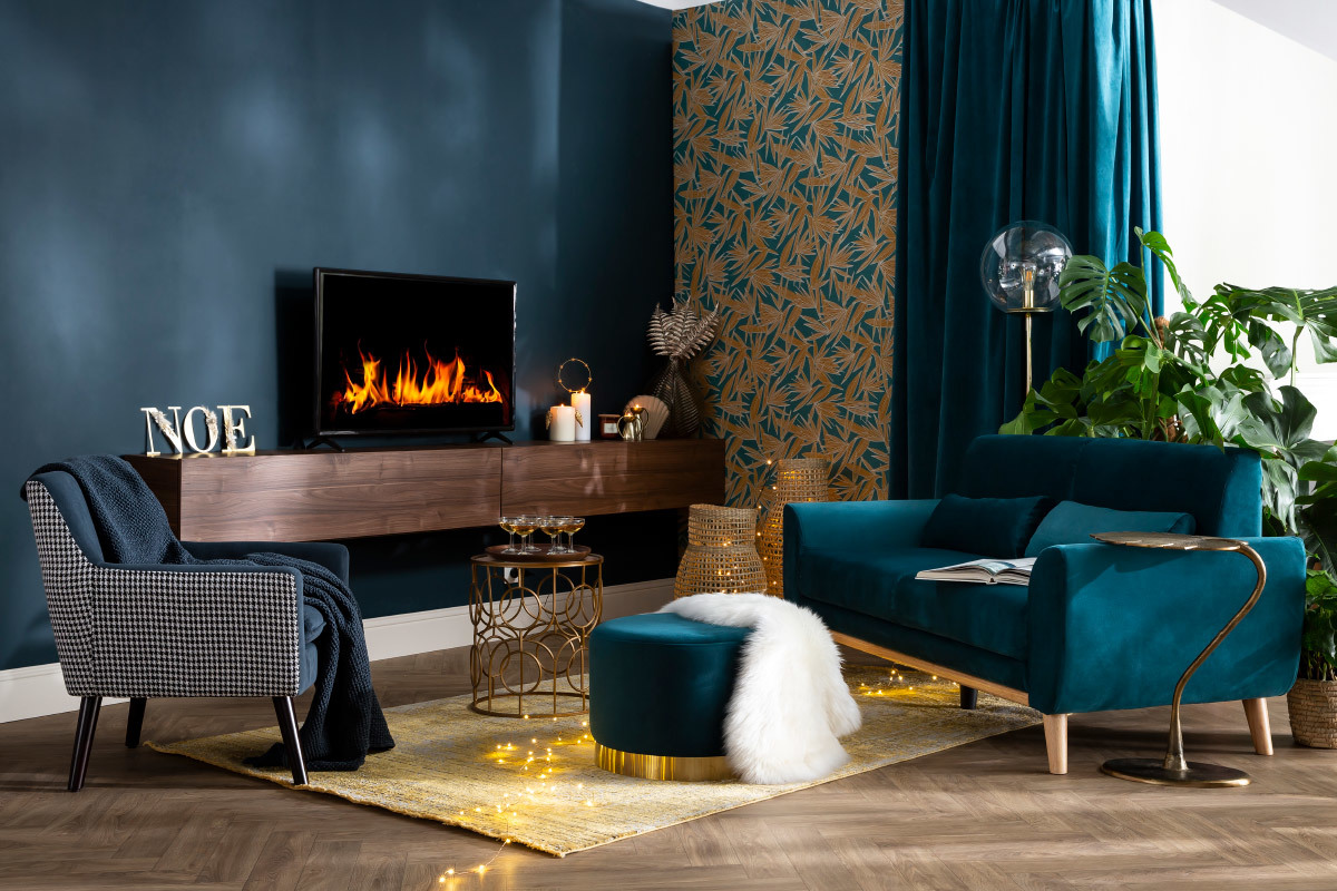Pouf / poggiapiedi rotondo in velluto blu anatra e metallo dorato 54 cm AMAYA