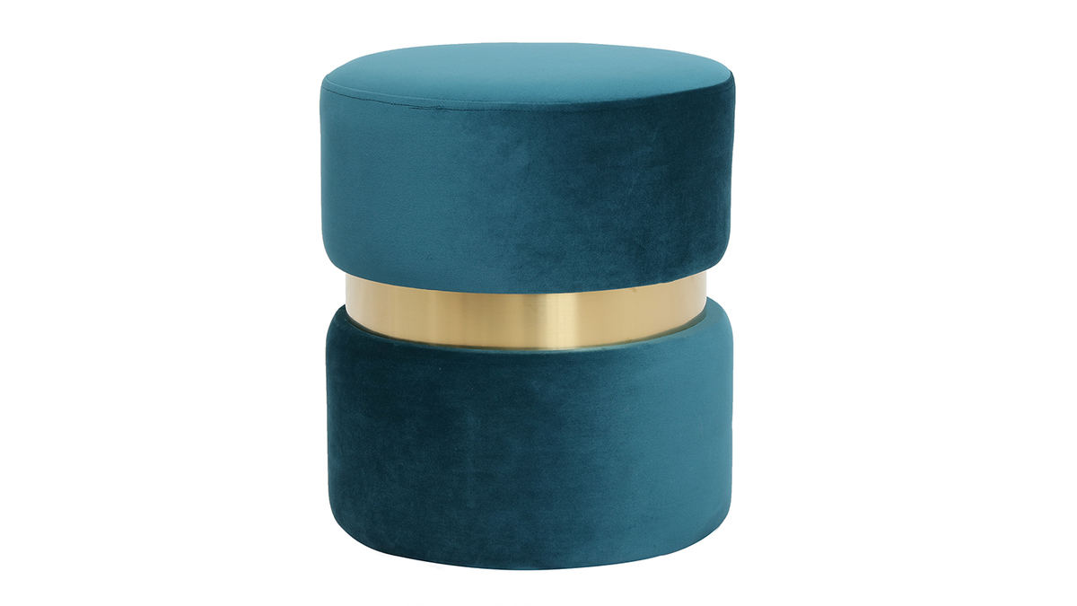 Pouf / poggiapiedi rotondo in velluto blu anatra e metallo dorato JOY