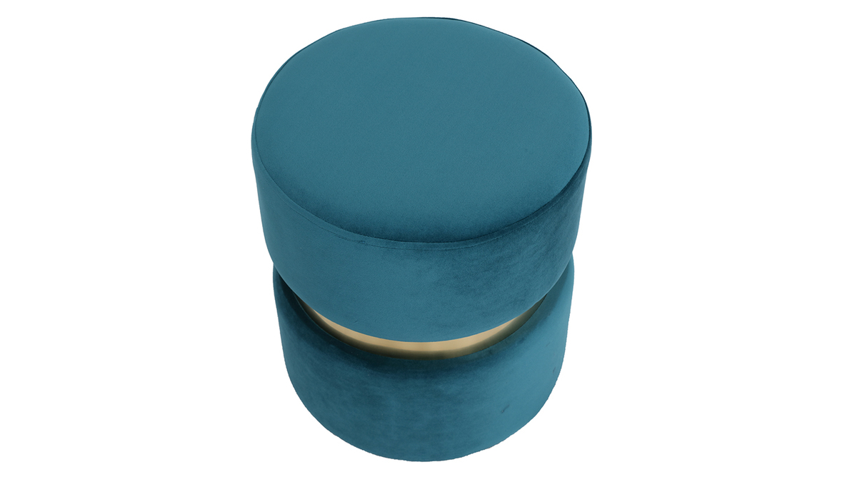 Pouf / poggiapiedi rotondo in velluto blu anatra e metallo dorato JOY