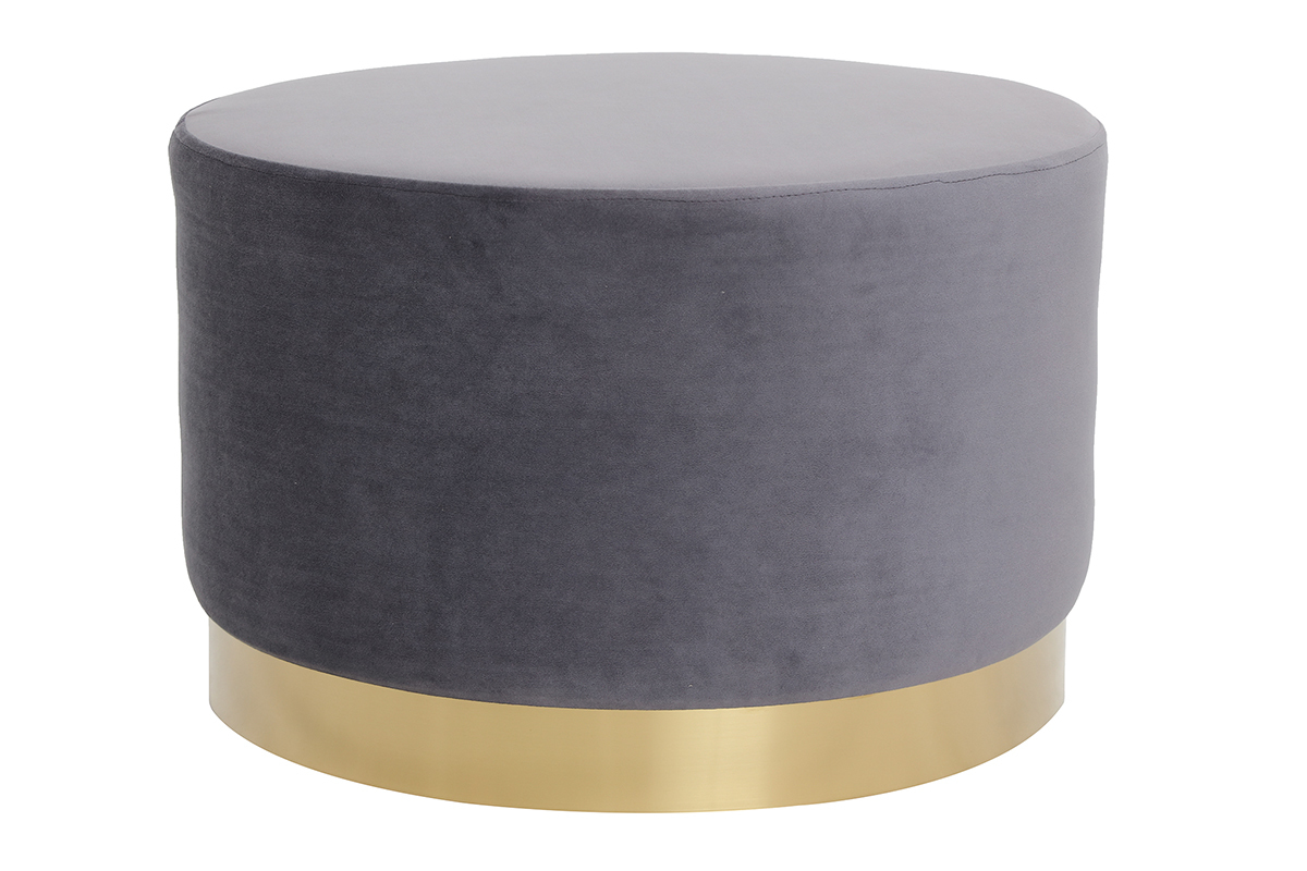 Pouf / poggiapiedi rotondo in velluto grigio e metallo dorato 54 cm AMAYA