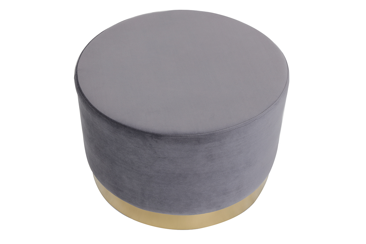 Pouf / poggiapiedi rotondo in velluto grigio e metallo dorato 54 cm AMAYA