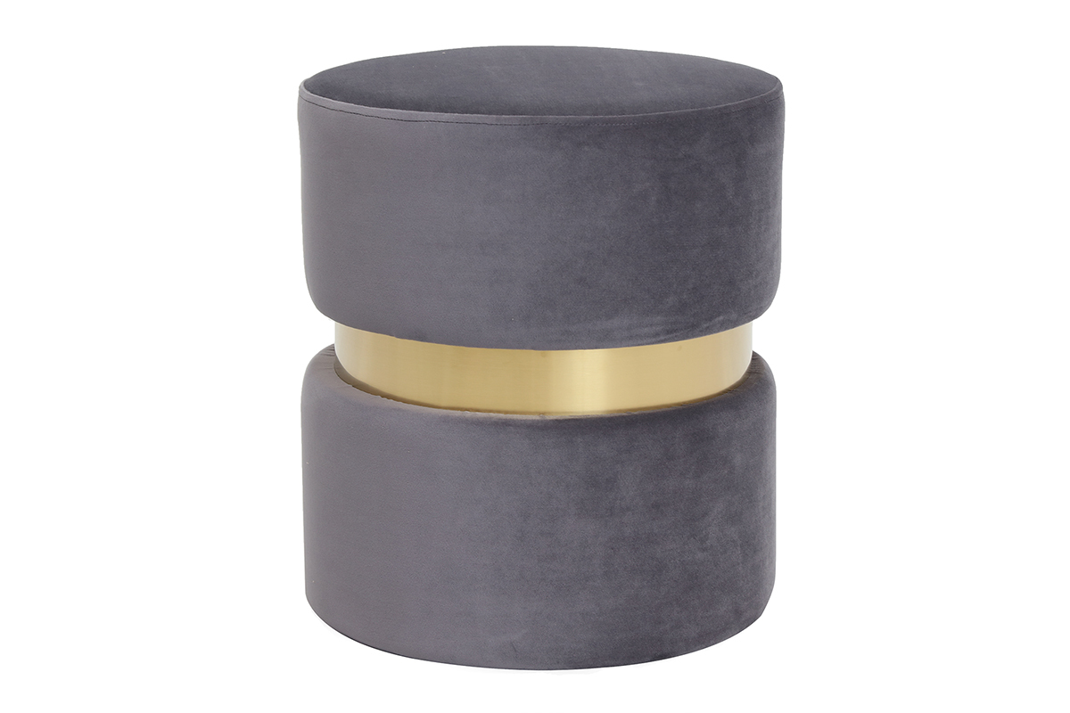 Pouf / poggiapiedi rotondo in velluto grigio e metallo dorato JOY