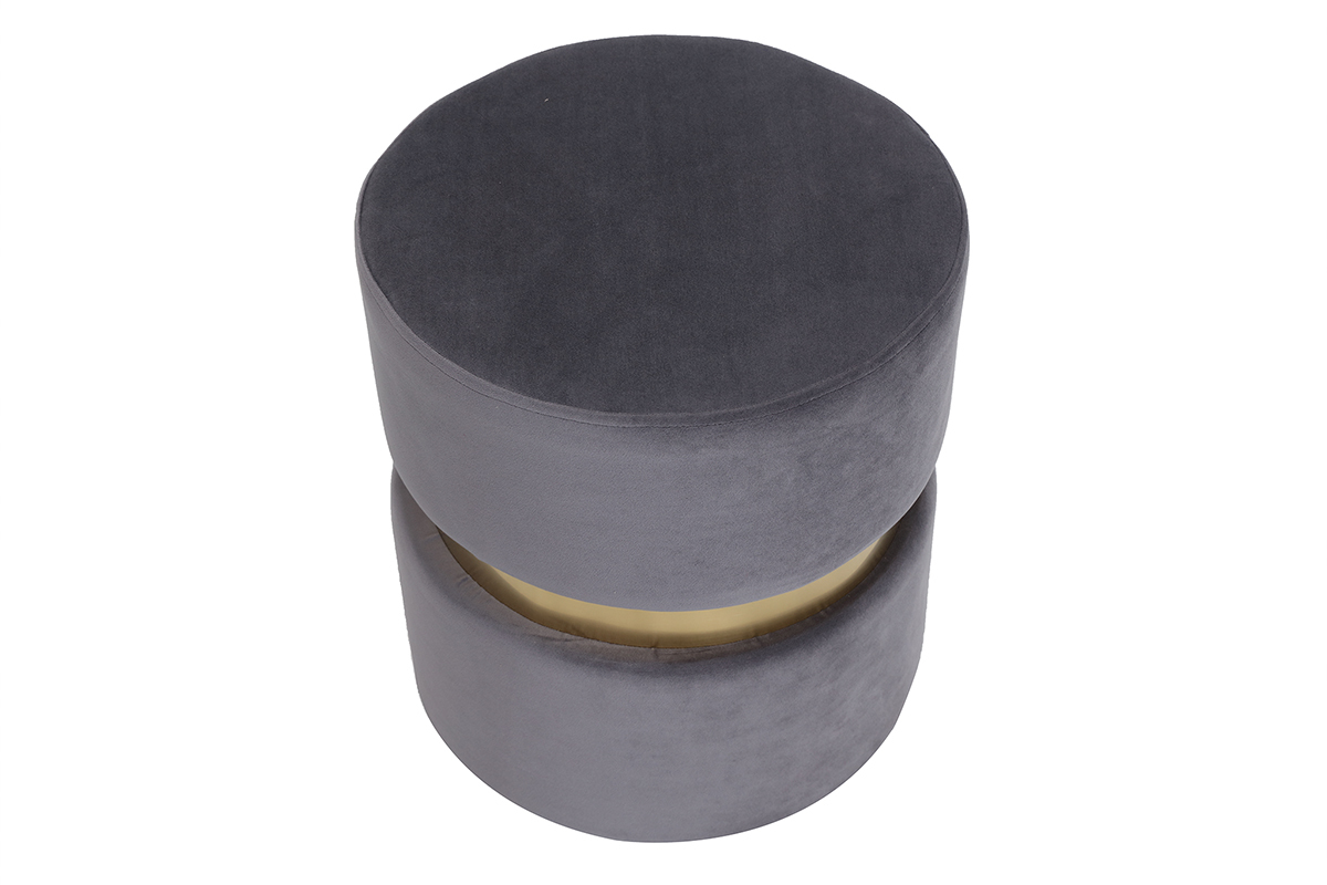 Pouf / poggiapiedi rotondo in velluto grigio e metallo dorato JOY