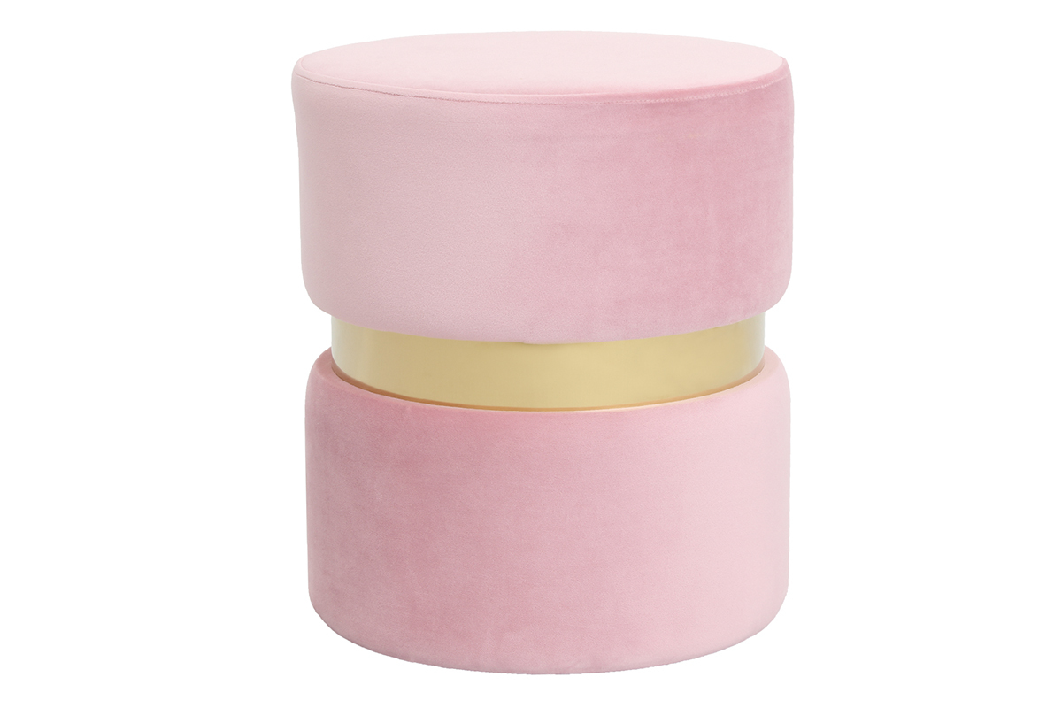 Pouf / poggiapiedi rotondo in velluto rosa e metallo dorato JOY