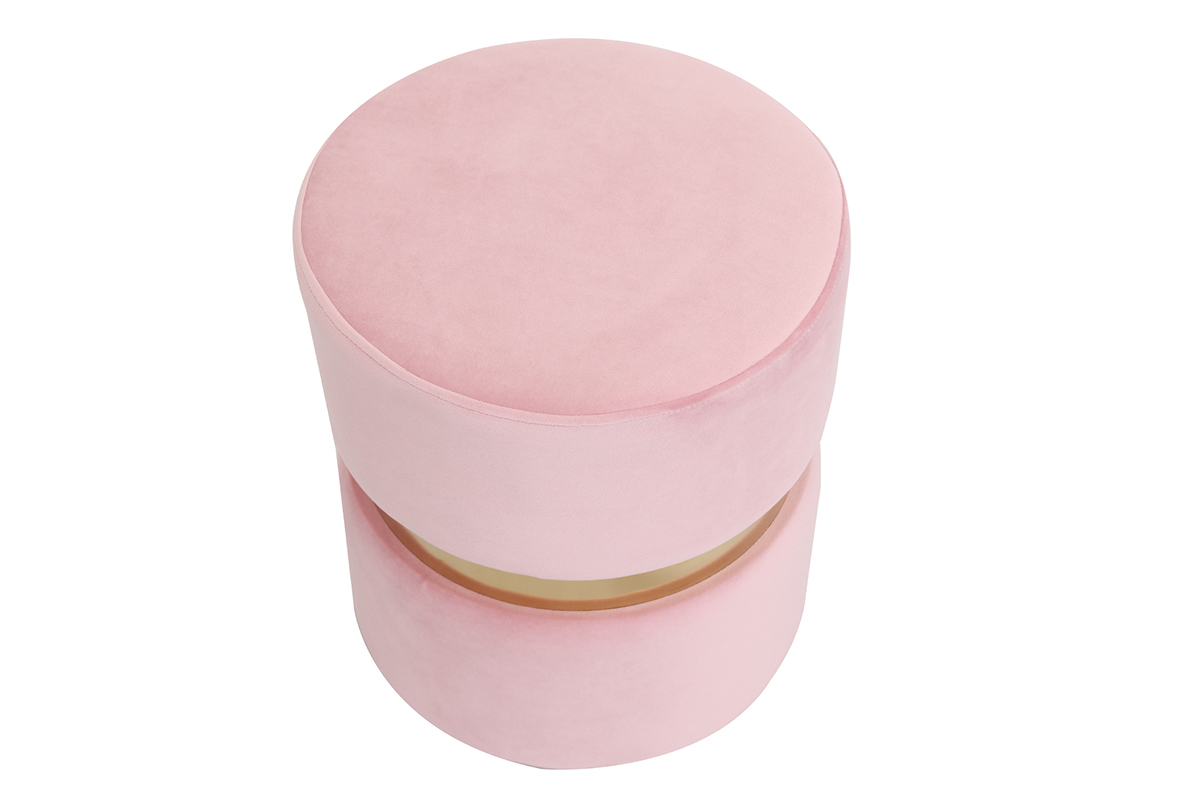 Pouf / poggiapiedi rotondo in velluto rosa e metallo dorato JOY