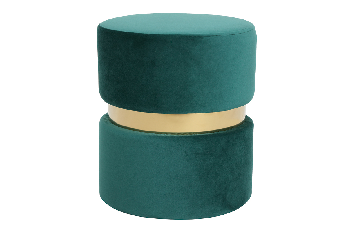 Pouf / poggiapiedi rotondo in velluto verde e metallo dorato JOY