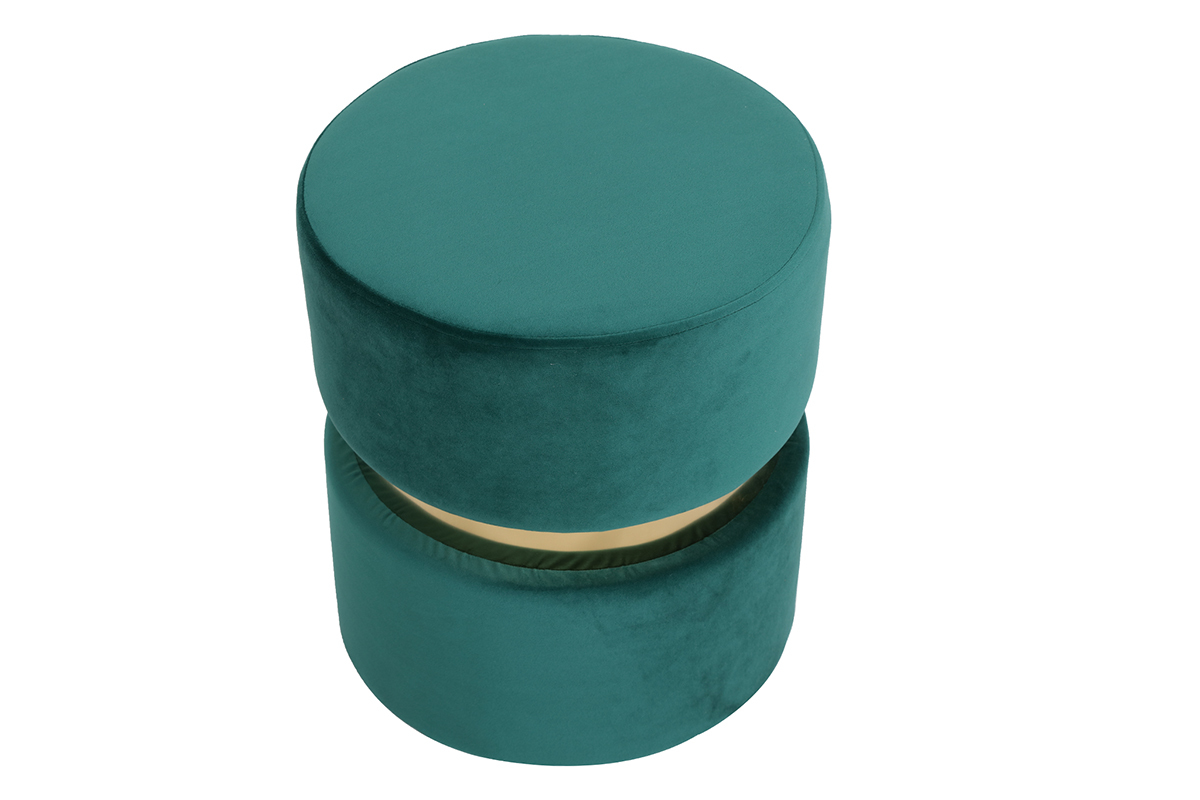 Pouf / poggiapiedi rotondo in velluto verde e metallo dorato JOY